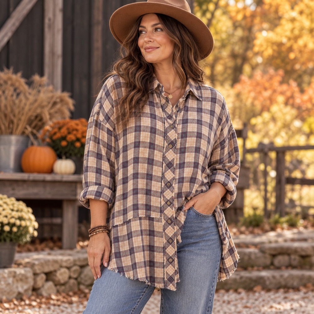 Easel Plaid Button-Up Shirt Women's Plus 1X Beige Peach Navy Coral Cotton NWT